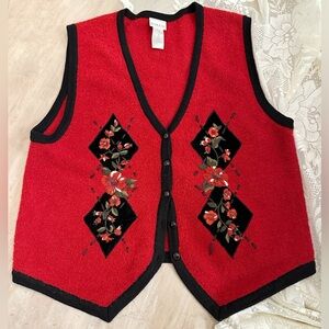 Koret Red V-Neck Sweater Vest with Black Trim & Floral Embroidery